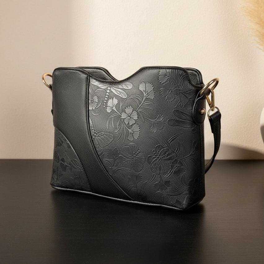 Temptation Italy Small Faux Leather Crossbody. Floral & Dragonfly Embossed Bag