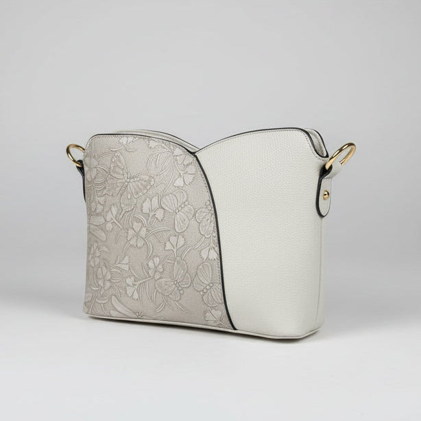 Temptation Italy Small Faux Leather Crossbody. Butterfly & Floral Embossed Bag