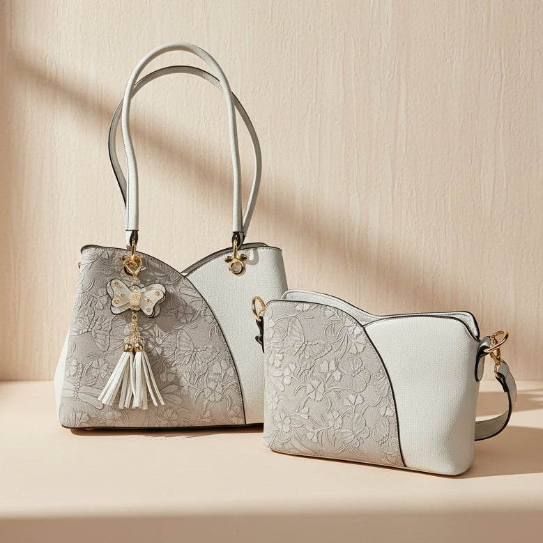 Temptation Italy Faux Leather Shoulder Bag. Butterfly & Floral Embossed Handbag