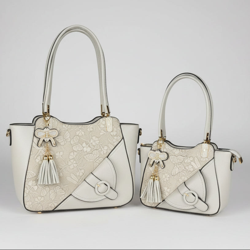 Temptation Italy Faux Leather Tote Bag. Floral & Dragonfly Embossed Shoulder Bag with Tassel Charm