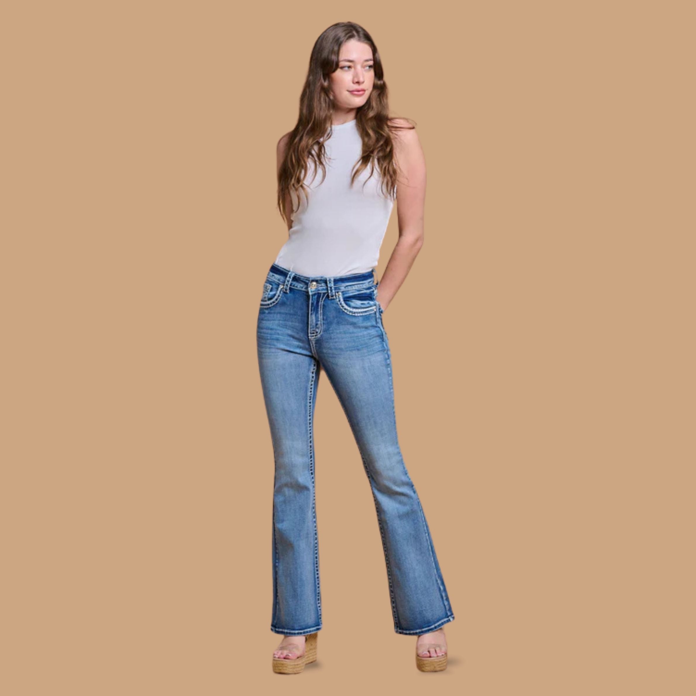 Westfield Eagle Women’s Embroidered Bootcut Jeans. High Waisted Saddle Stitch Stretch Denim