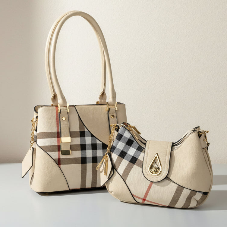 Temptation Italy Plaid Faux Leather Shoulder Bag. Tote with Tassel Charm