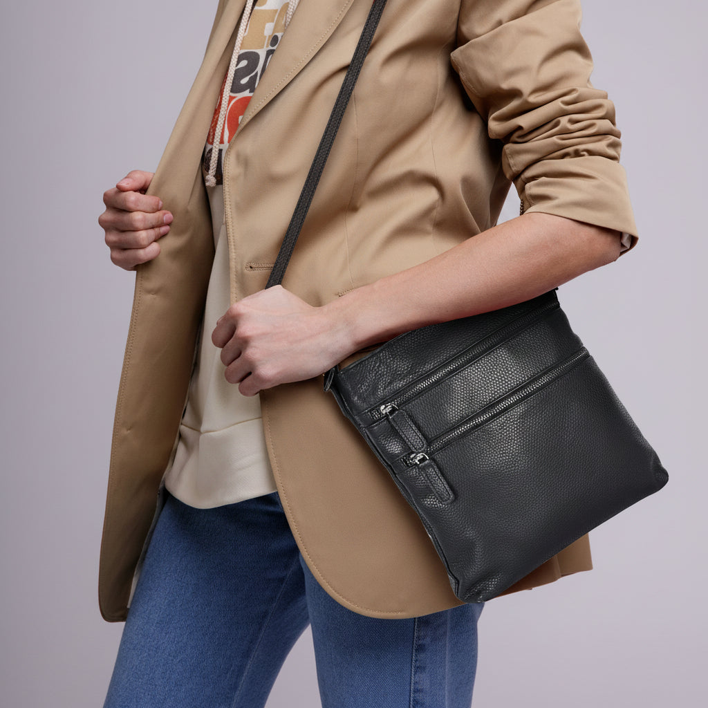 Greenwood Leather Multi Zip Crossbody Bag | Premium Full Grain Leather Shoulder Bag