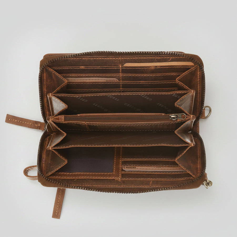 Greenburry Vintage Leather Crossbody Phone Case Wallet. RFID Protected