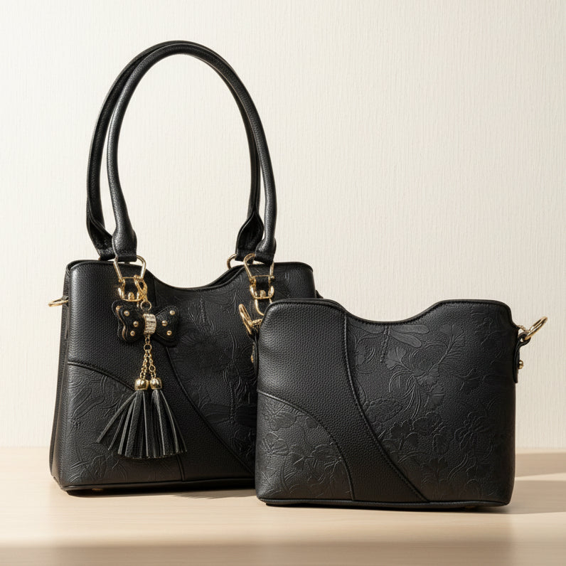 Temptation Italy Faux Leather Shoulder Bag. Floral & Dragonfly Embossed Handbag