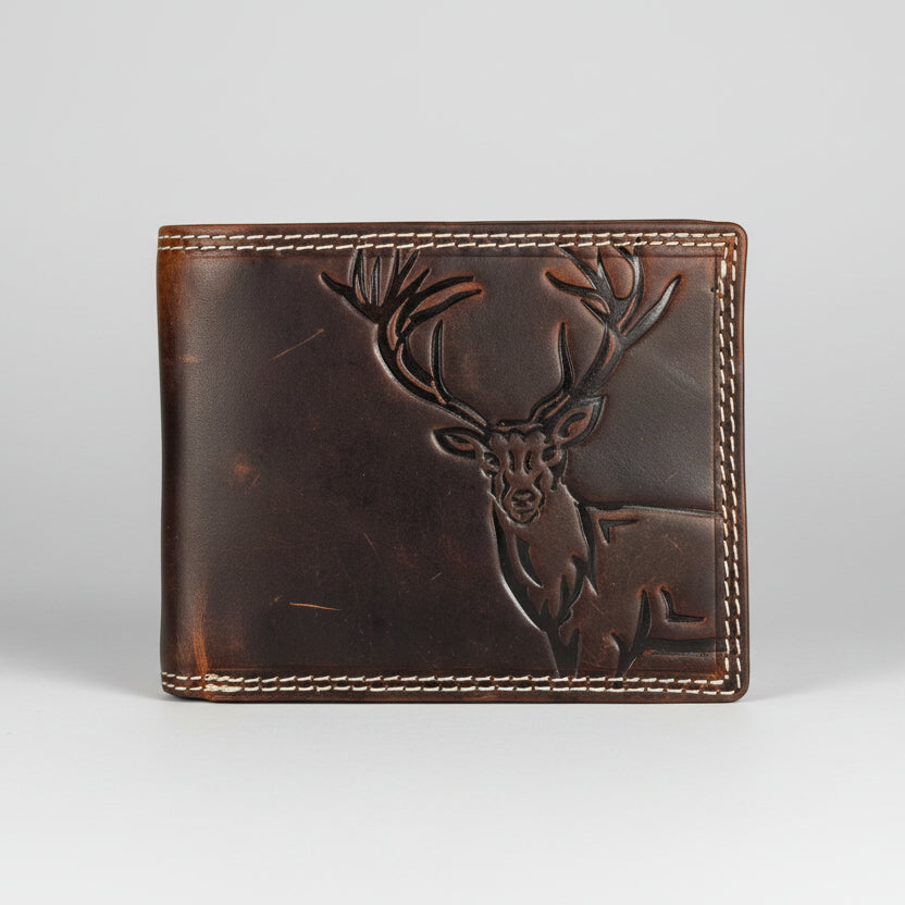 Men’s Genuine Cow Leather Bifold Wallet. Embossed Deer Design with RFID Protection