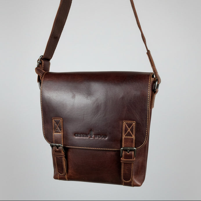 Greenwood Leather Medium Messenger Bag. Wax Pull-Up Leather Tablet Bag & Vintage Shoulder Satchel - Boutique of Leathers/Open Road
