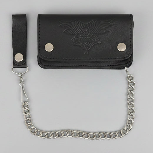 Men’s Leather Motorcycle Chain Wallet with Embossed Wings