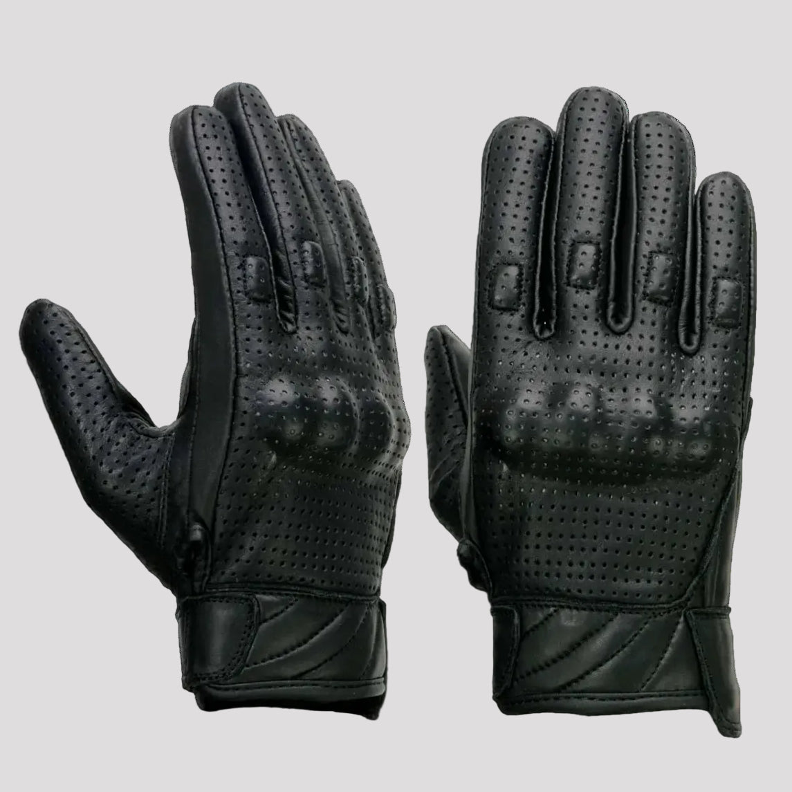 Black gloves with palm padding and knuckle protection on a white background