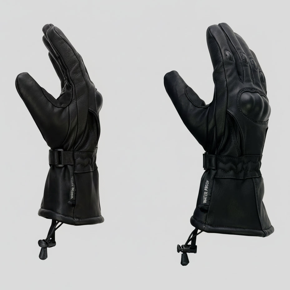 Black gloves with waterproof and knuckle protection features on a beige background