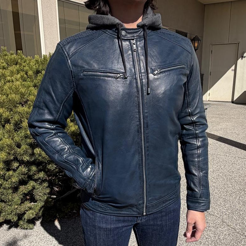 Men’s Hooded Leather Jacket. Sheep Leather Jacket with Removable Hood