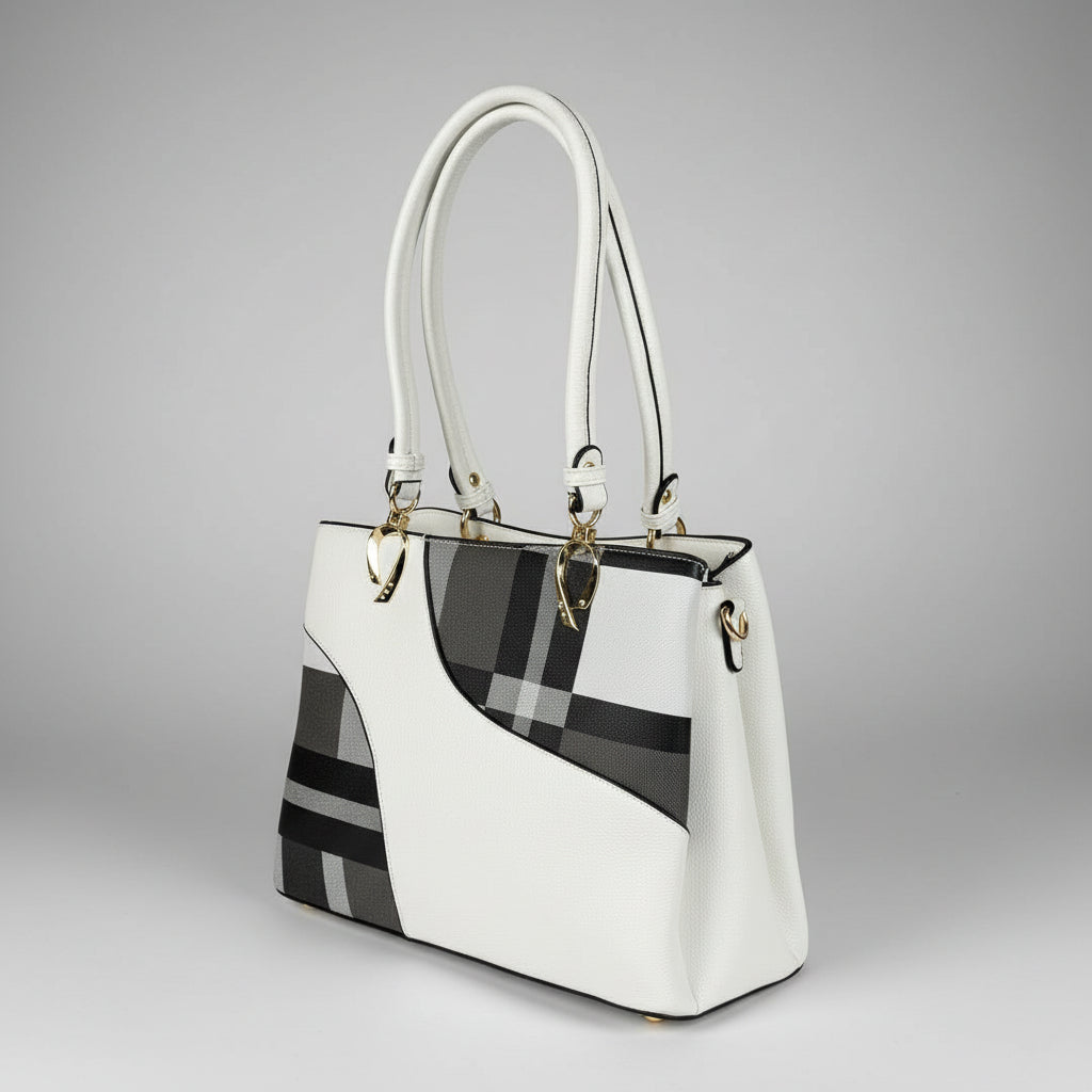 Temptation Italy Plaid Faux Leather Multi-Compartment Tote Bag with Tassel Charm