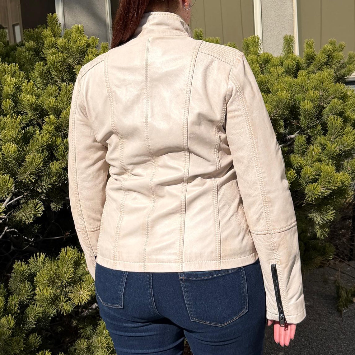 Women's Classic Sheep Leather Jacket. Standing Collar with Studs, 4 Zippered Pockets & Shoulder Accent Stitching - Boutique of Leathers/Open Road