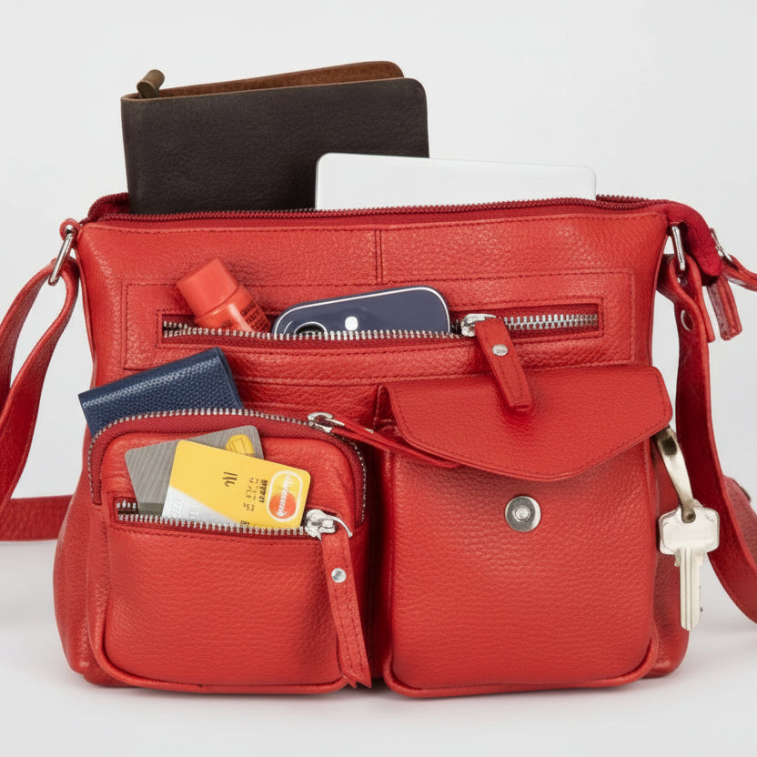 Greenwood Leather Multi-Pocket Crossbody Bag. Premium Pebbled Leather Handbag - Boutique of Leathers/Open Road