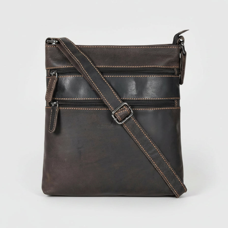 Greenwood Leather Multi Zip Crossbody Bag | Premium Full Grain Leather Shoulder Bag