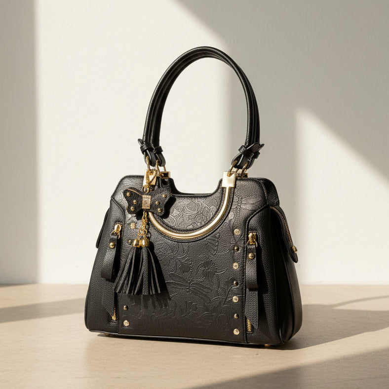 Temptation Italy Faux Leather Shoulder Bag. Floral & Butterfly Embossed Handbag