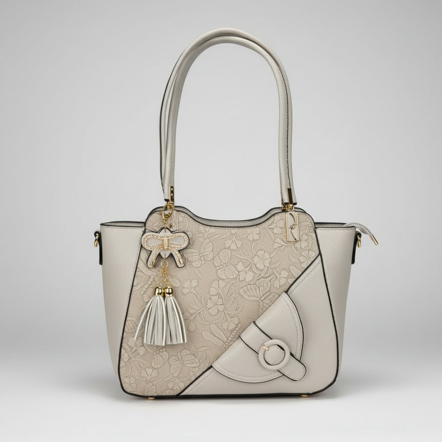 Temptation Italy Faux Leather Tote Bag. Floral & Dragonfly Embossed Shoulder Bag with Tassel Charm