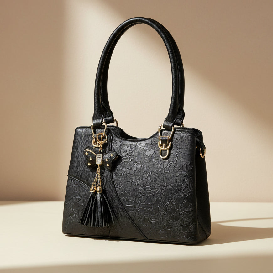 Temptation Italy Faux Leather Shoulder Bag. Floral & Dragonfly Embossed Handbag