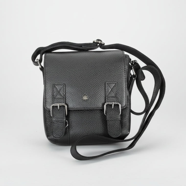 Greenwood Leather Small Messenger Bag. Genuine PDM Leather Vertical Crossbody with Buckle Flap
