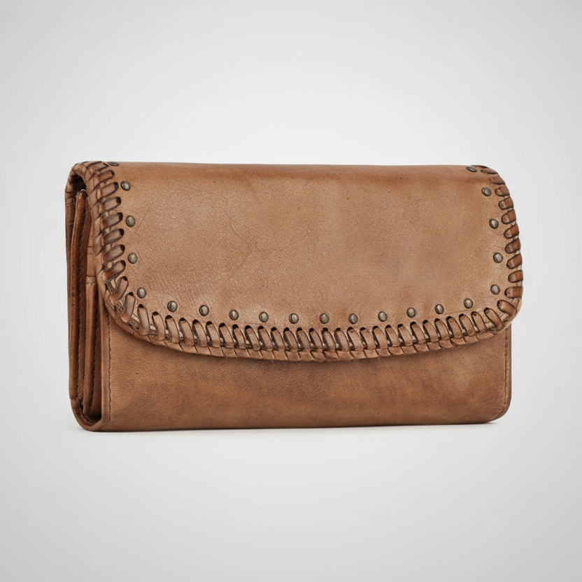 MET Women’s Leather Wallet. Tri-Fold Clutch Organizer with Studded and Whipstitch Detail - Boutique of Leathers/Open Road