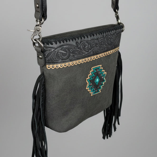 Montana West Tooled Aztec Concho Crossbody. Western Fringe Bag with Floral Strap