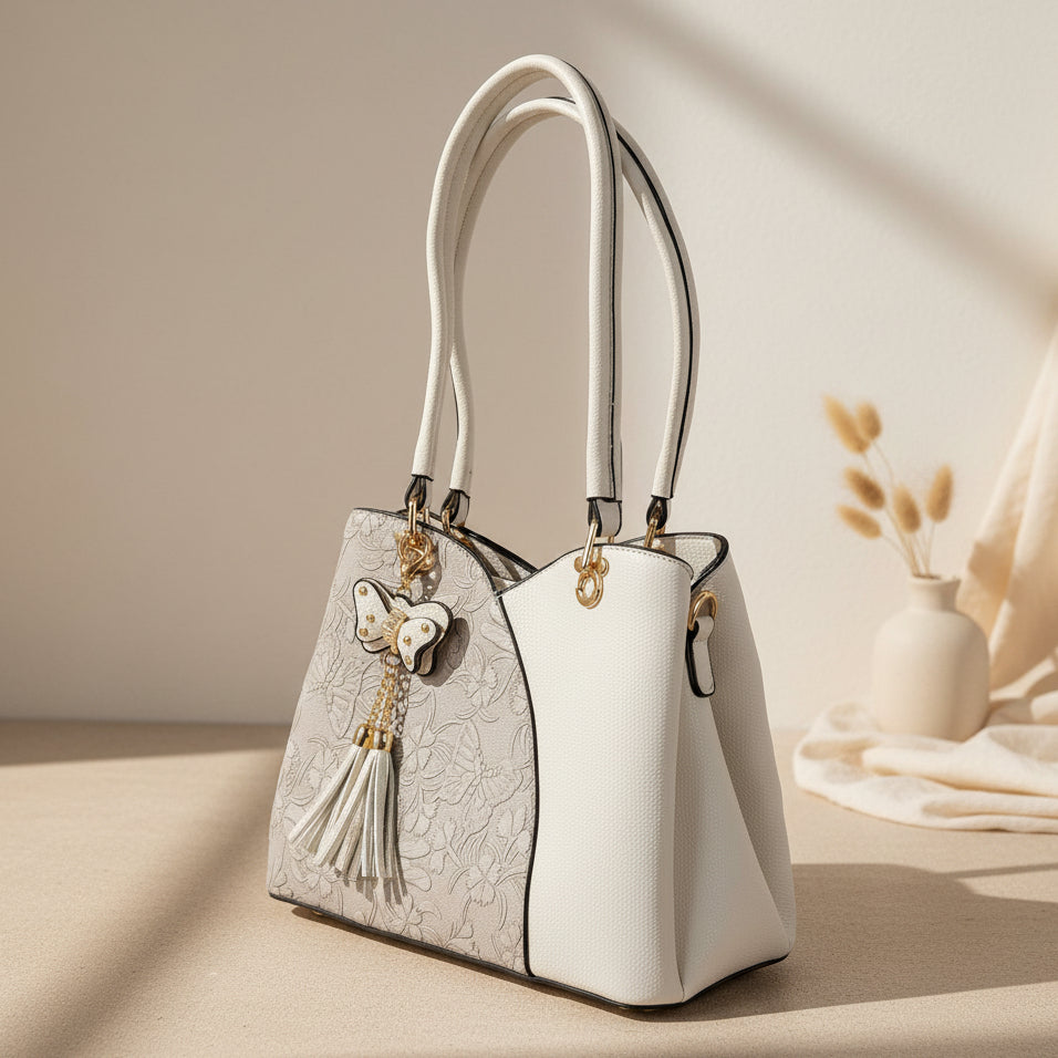 Temptation Italy Faux Leather Shoulder Bag. Butterfly & Floral Embossed Handbag