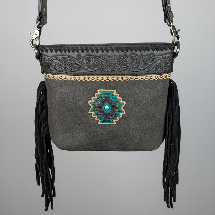 Montana West Tooled Aztec Concho Crossbody. Western Fringe Bag with Floral Strap