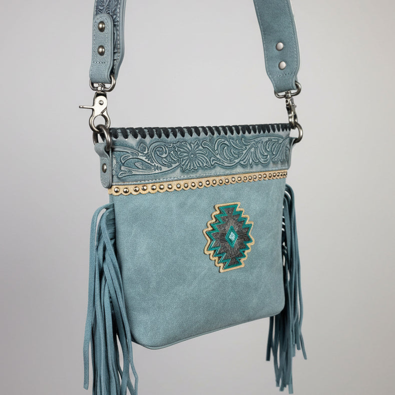 Montana West Tooled Aztec Concho Crossbody. Western Fringe Bag with Floral Strap