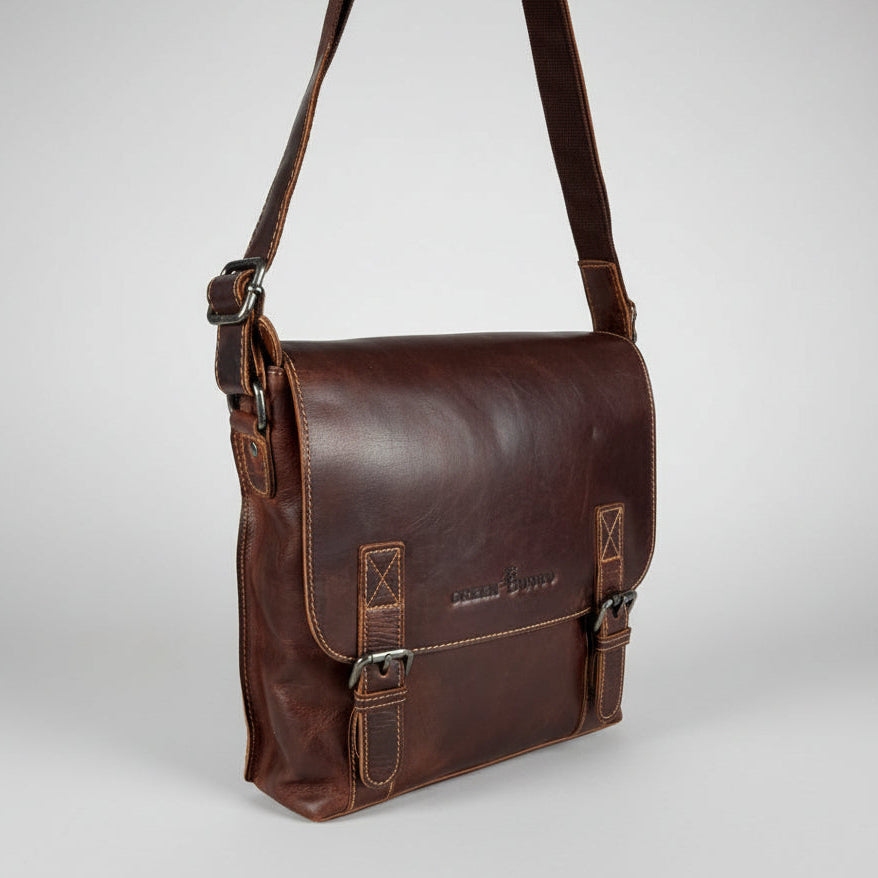 Greenwood Leather Medium Messenger Bag. Wax Pull-Up Leather Tablet Bag & Vintage Shoulder Satchel - Boutique of Leathers/Open Road