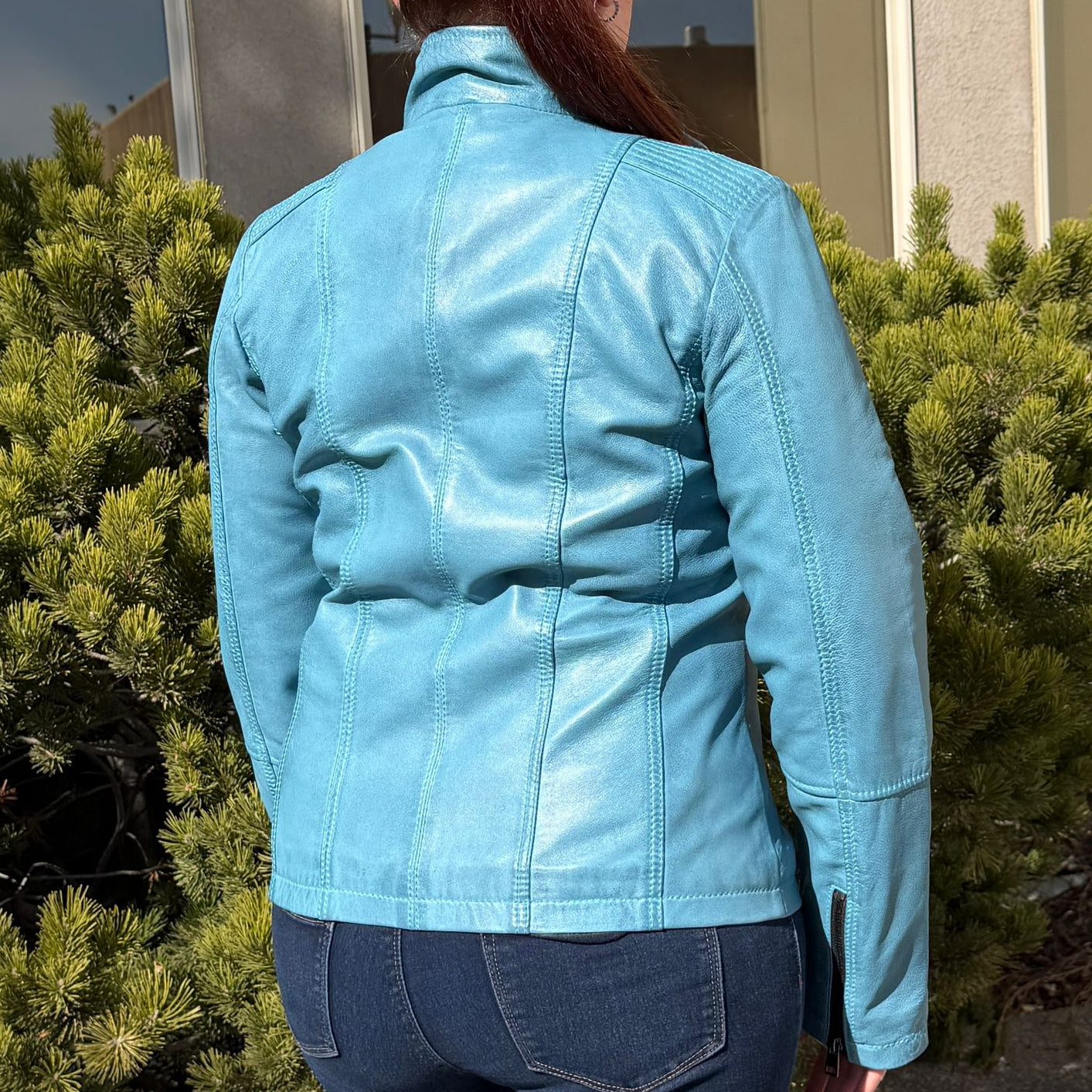Women's Classic Sheep Leather Jacket. Standing Collar with Studs, 4 Zippered Pockets & Shoulder Accent Stitching - Boutique of Leathers/Open Road