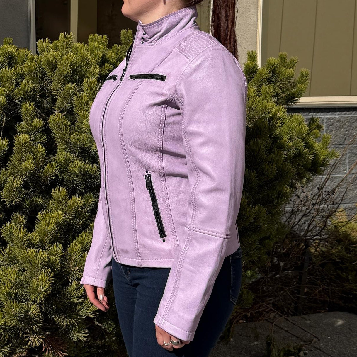 Women's Classic Sheep Leather Jacket. Standing Collar with Studs, 4 Zippered Pockets & Shoulder Accent Stitching - Boutique of Leathers/Open Road