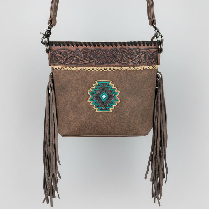 Montana West Tooled Aztec Concho Crossbody. Western Fringe Bag with Floral Strap