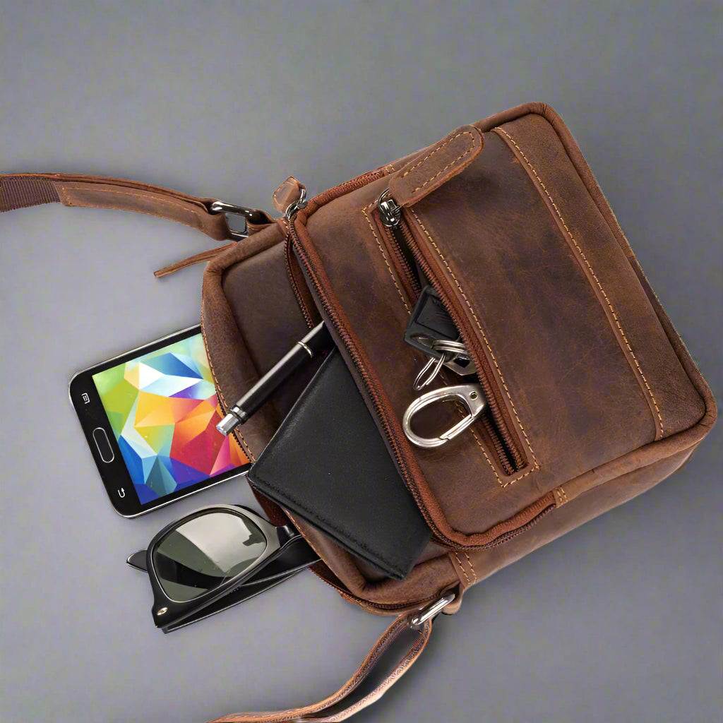 Greenwood Leather Mini-Messenger Bag. Compact Wax Pull-Up Leather Bag for Urban Adventures - Boutique of Leathers/Open Road