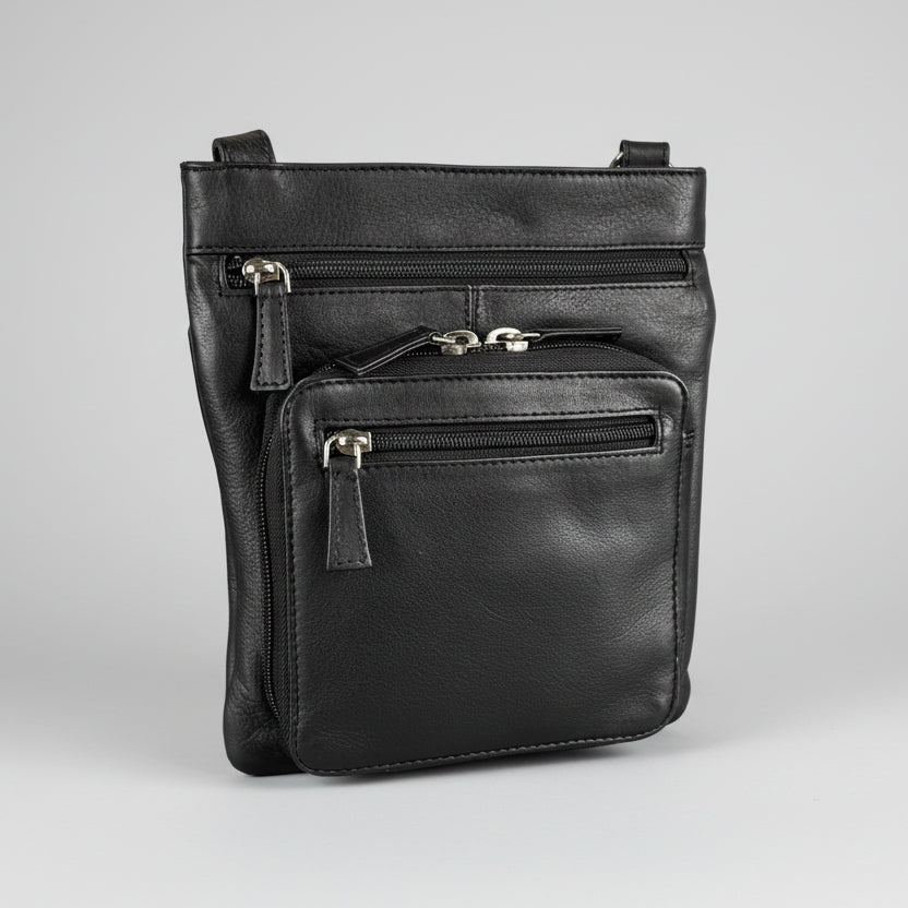 JBG Slim Genuine Leather Crossbody Bag. RFID Blocking Travel Purse with Multi-Zipper Pockets