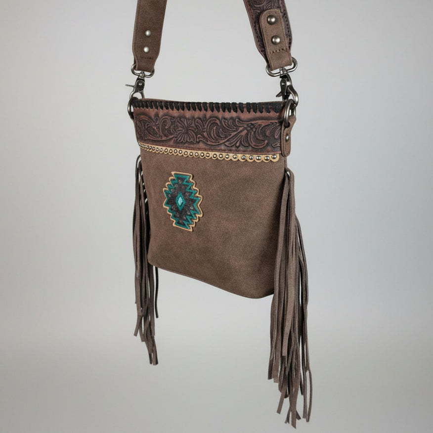 Montana West Tooled Aztec Concho Crossbody. Western Fringe Bag with Floral Strap
