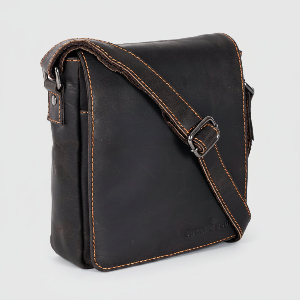 Greenwood Leather Mini-Messenger Bag. Wax Pull-Up Leather Flap Over Bag