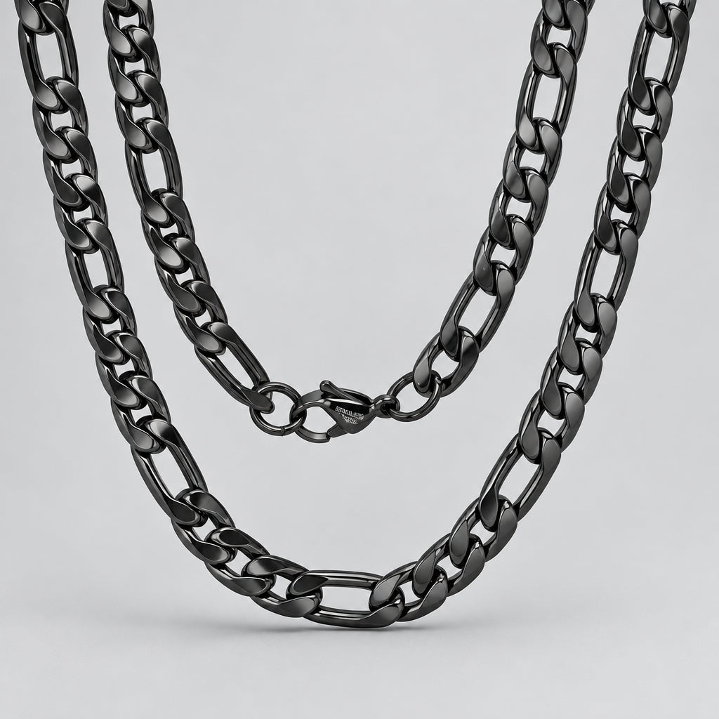 Men’s Black Stainless Steel Double Figaro Chain Necklace - Boutique of Leathers/Open Road