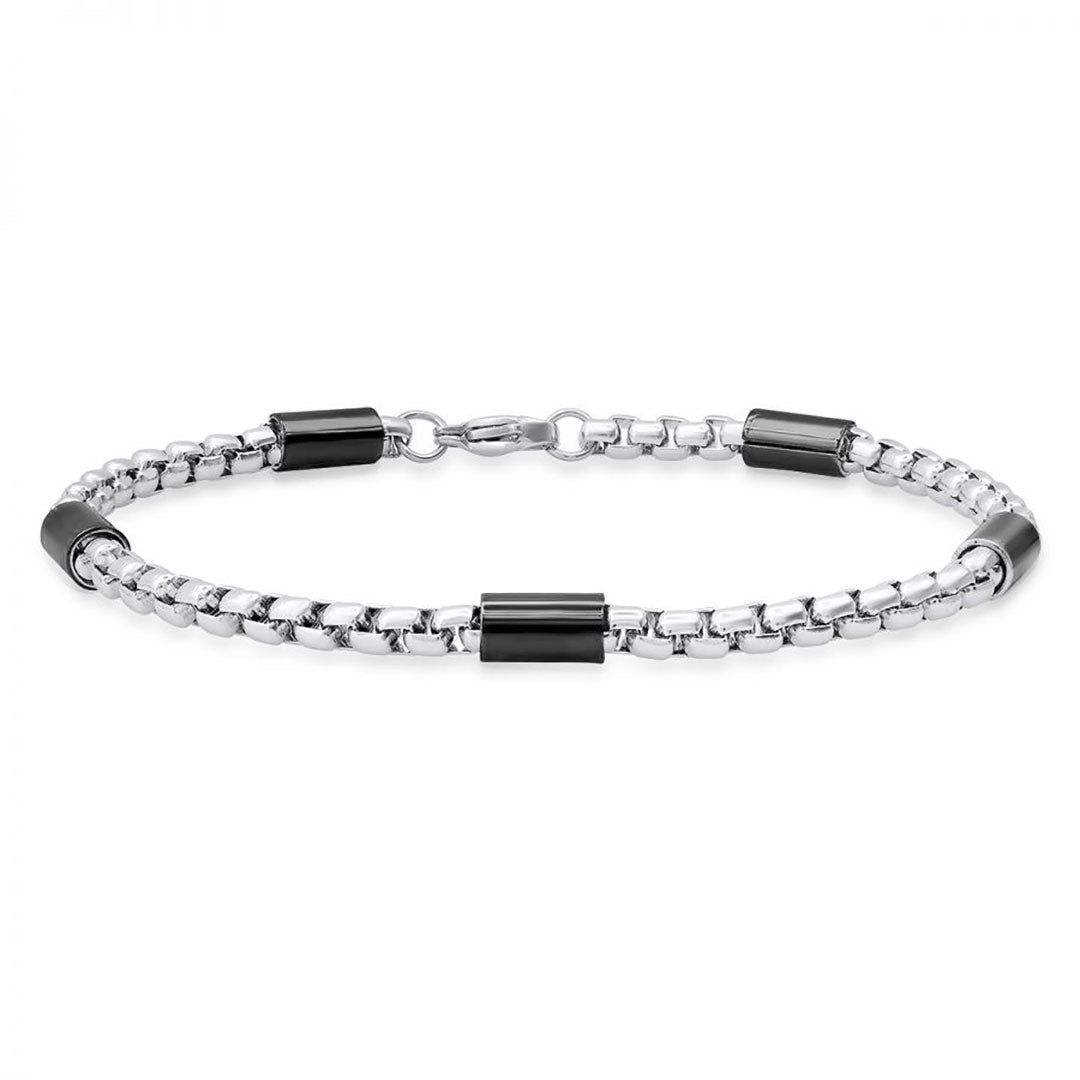 SteelTime Men's Two Tone Black and Stainless Steel Bar & Box Chain Bracelet