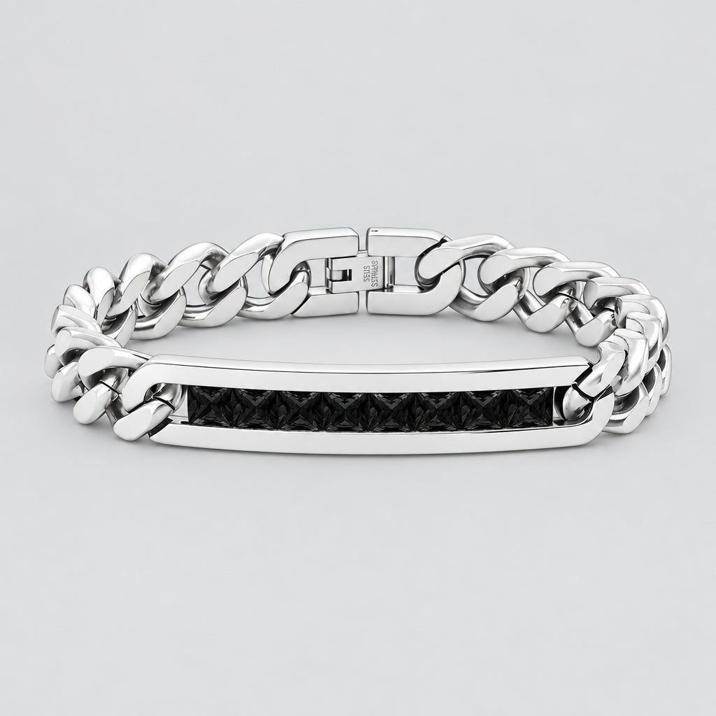 Men’s Silver Stainless Steel with Black Diamond-Textured Biker Bracelet - Boutique of Leathers/Open Road