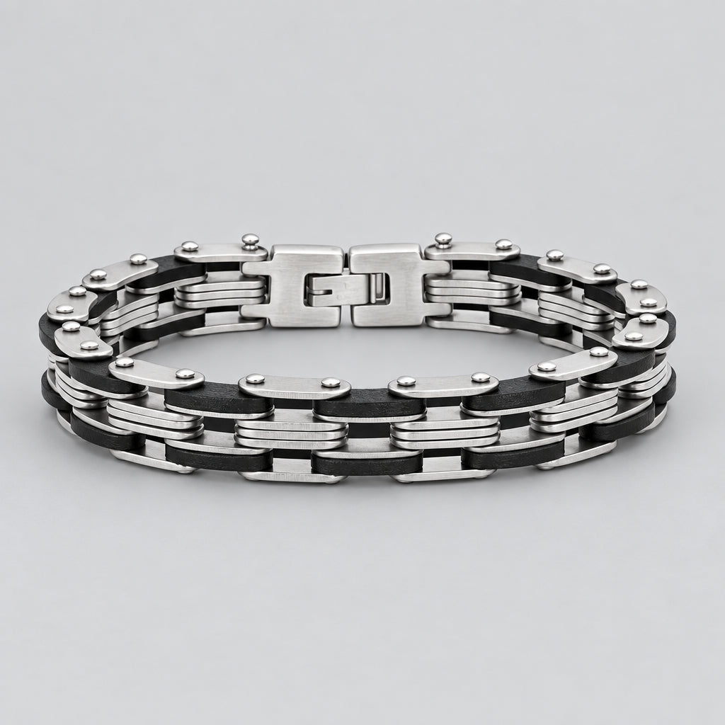 Men’s Stainless Steel Industrial Two-Tone Motorcycle Chain Biker Bracelet - Boutique of Leathers/Open Road
