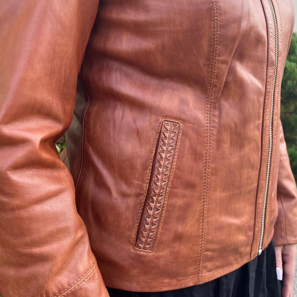 Classic Women's Lamb Leather Zip Jacket with Woven Pocket Design - Boutique of Leathers/Open Road