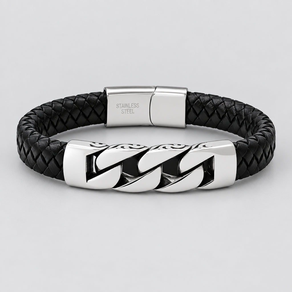 Men’s Stainless Steel & Black Braided Leather Greek Motif Biker Bracelet - Boutique of Leathers/Open Road
