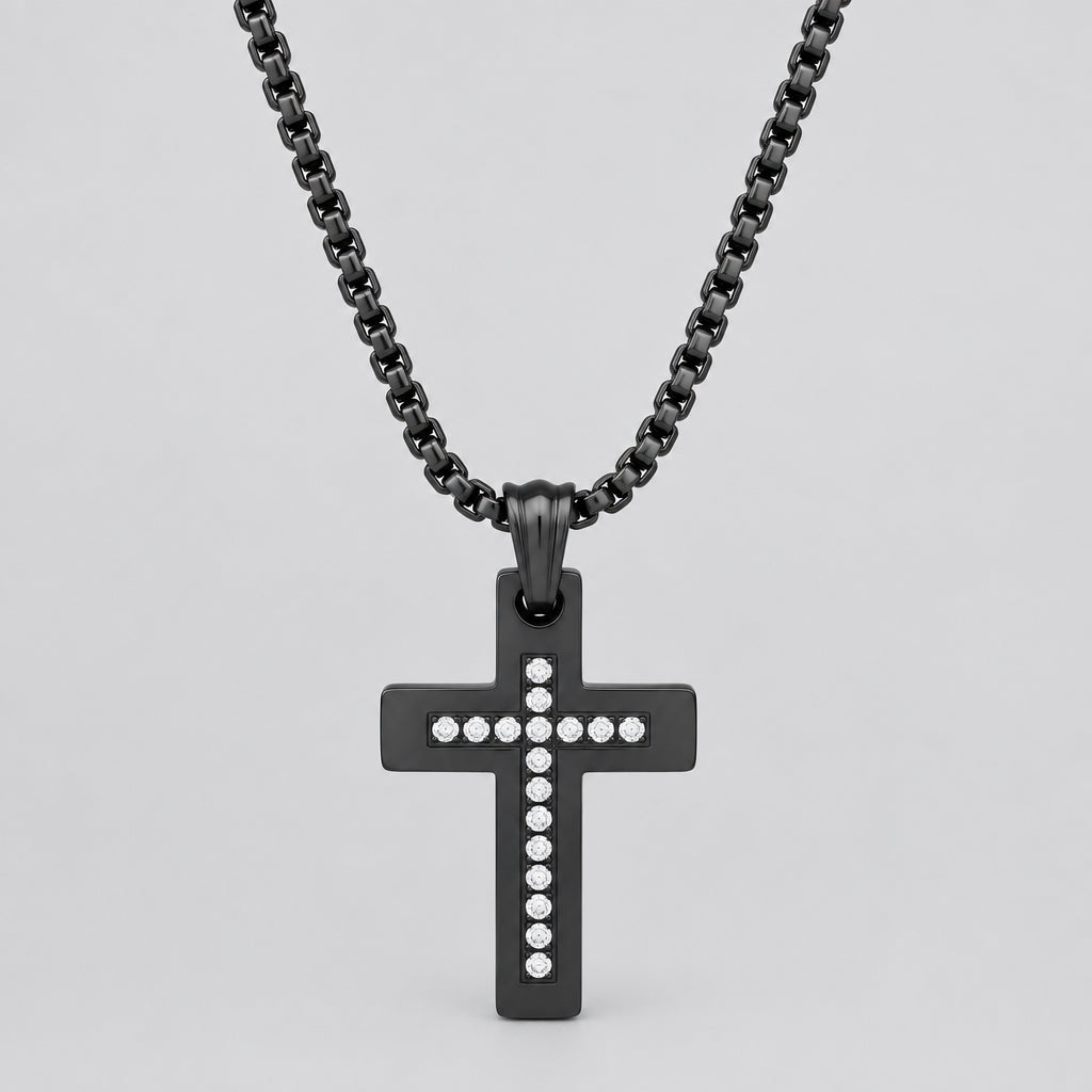 Men's Black Steel Cross Necklace with Stones. Rolo Chain Biker Pendant - Boutique of Leathers/Open Road