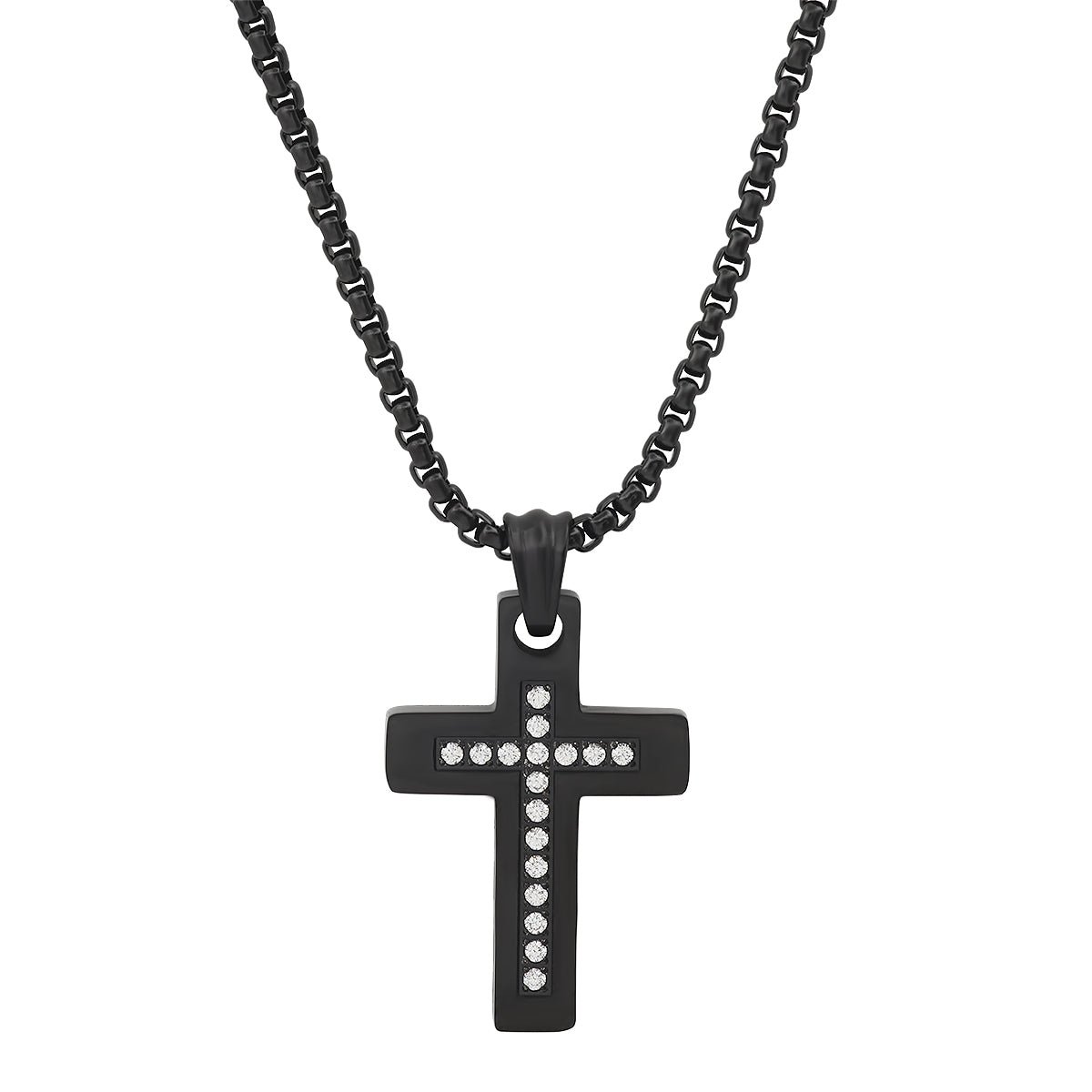 Men's Black Steel Cross Necklace with Stones. Rolo Chain Biker Pendant
