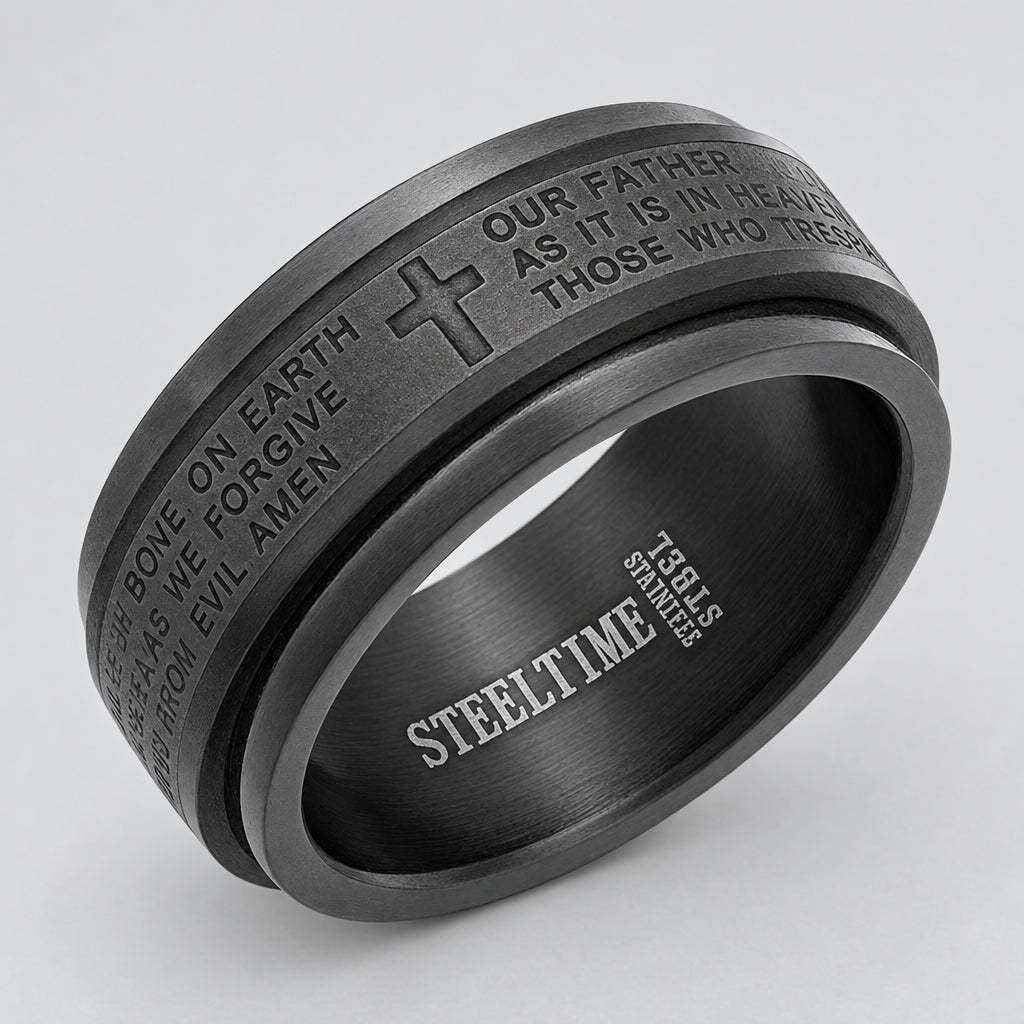 Men’s Black Stainless Steel Lord’s Prayer Band. Religious Biker Ring - Boutique of Leathers/Open Road