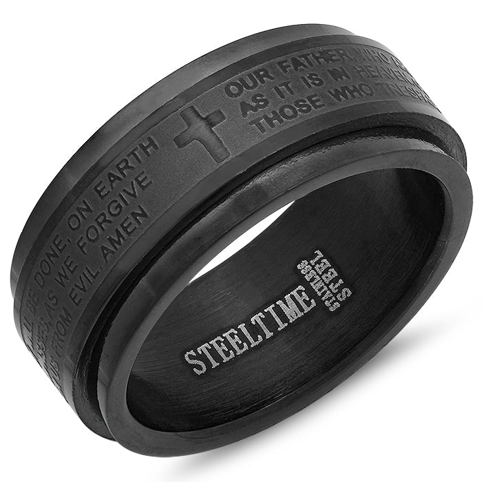 Men’s Black Stainless Steel Lord’s Prayer Band. Religious Biker Ring