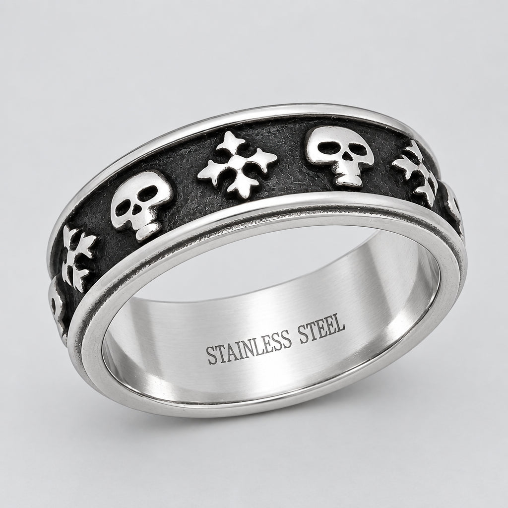 Men’s Two-Tone Stainless Steel Skull & Cross Biker Band Ring - Boutique of Leathers/Open Road