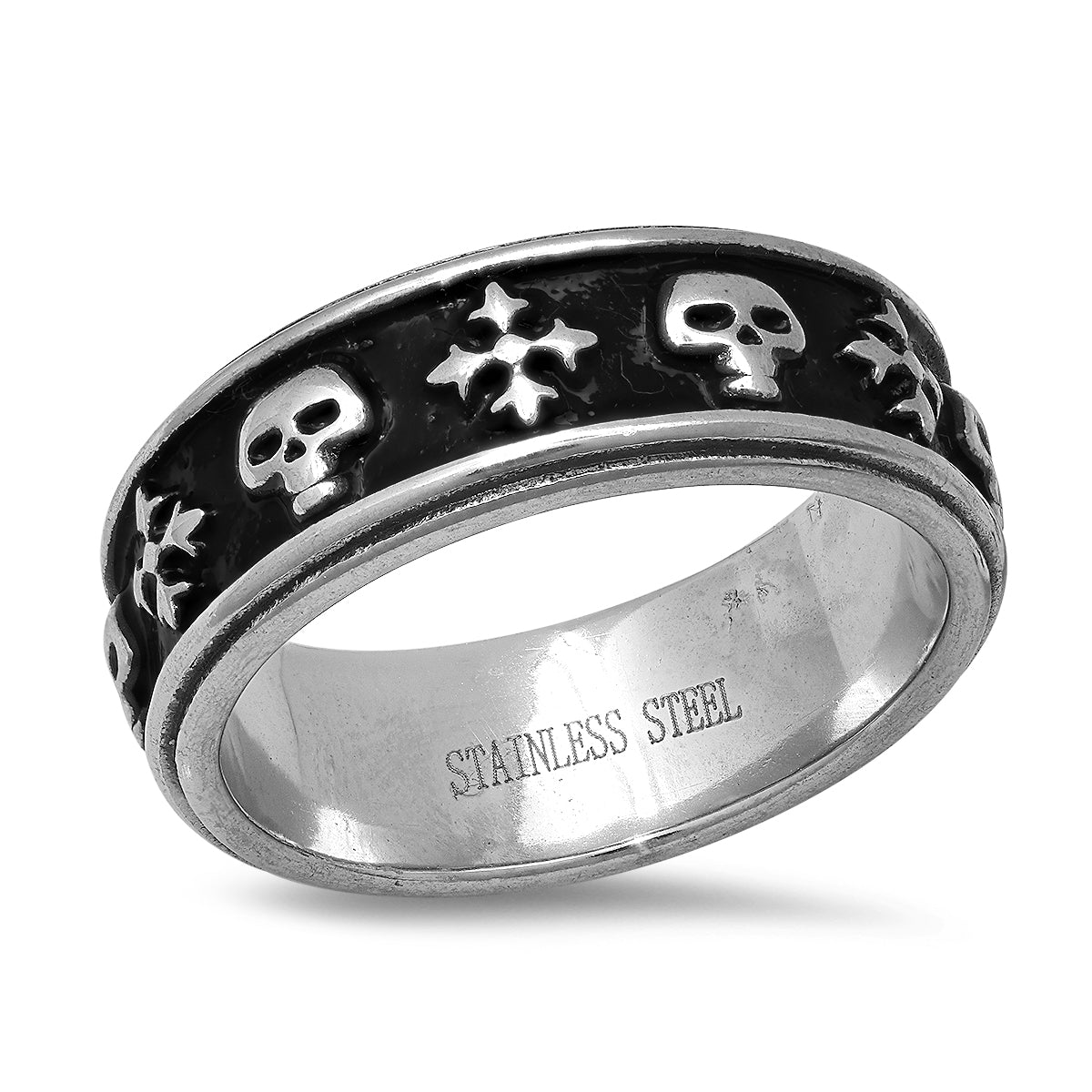 Men’s Two-Tone Stainless Steel Skull & Cross Biker Band Ring