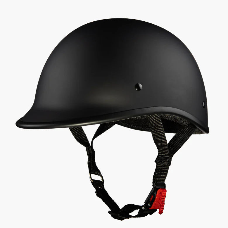 Black helmet with a red buckle on a white background