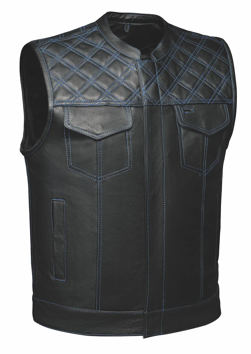 Open Road Men's Upside Leather with Blue Stitched Diamonds Vest - Boutique of Leathers/Open Road